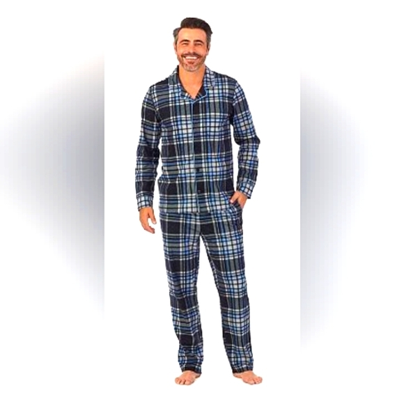 Men's Cuddl Duds Cozy Lodge Notch Collar Top & Bottoms Pajama Set - Navy Plaid - Picture 1 of 9